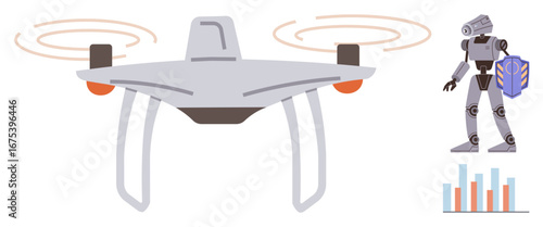 Advanced Quadcopter with spinning rotors, humanoid robot holding device, and bar chart. Ideal for robotics, Quadcopter technology, AI, automation, innovation research visualized data. Simple flat