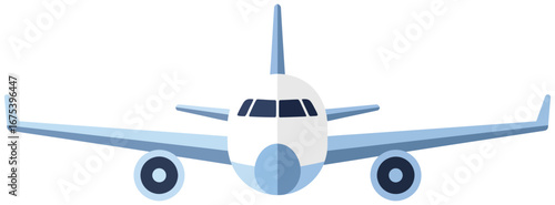 Airplane vector illustration featuring a modern passenger jet with blue wings and a white fuselage created in flat cartoon style for travel