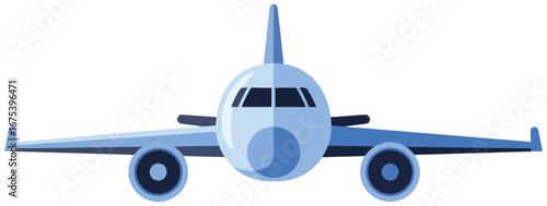 Airplane artwork featuring a blue and white passenger jet viewed head on with extended wings created in flat cartoon vector style for travel