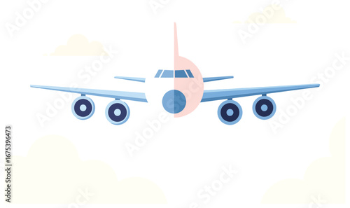 Airplane vector illustration of a large passenger jet with four engines and a pastel fuselage created in flat cartoon style for travel design