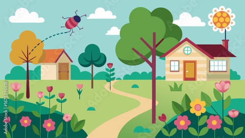A drawing of a house and trees with a path leading to it. The flowers are pink and the sky is blue