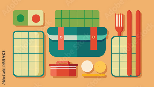 A green background with a container of food and utensils. The container is pink and has a yellow ribbon. The utensils include a fork, knife, and spoon. Concept of a meal or snack