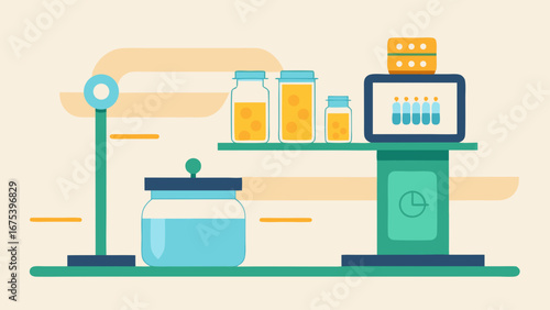 A laboratory scene with a scale, a clock, and a counter with jars and bottles. Scene is scientific and precise