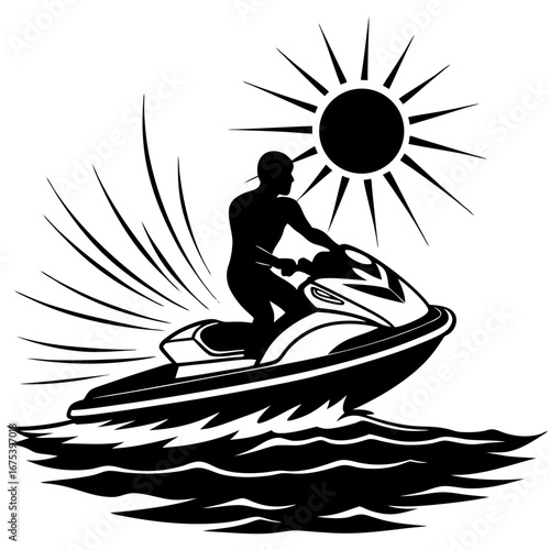 Jet Ski Silhouette – Rider on Waves with Sun Overhead in High Contrast Illustration