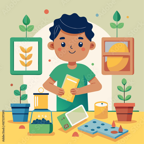 A young boy is sitting at a table with various items, including a book, a cell phone, and a potted plant. Concept of curiosity and learning