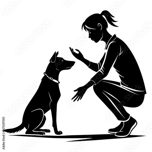Man Training Dog Silhouette – Black and White Illustration of Focus and Connection
