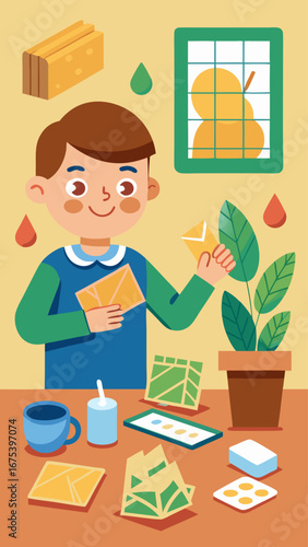 A young boy is sitting at a table with various items, including a book, a cell phone, and a potted plant. Concept of curiosity and learning