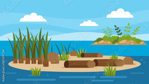 A blue and white poster with a plant island in the middle. The island is surrounded by water and has a lot of plants. The poster says "Shattering Plaine Day" and has a blue background