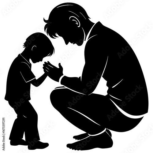 Father and Son Silhouette in Prayer – Tender Devotion, Guidance, and Emotional Bond Illustration