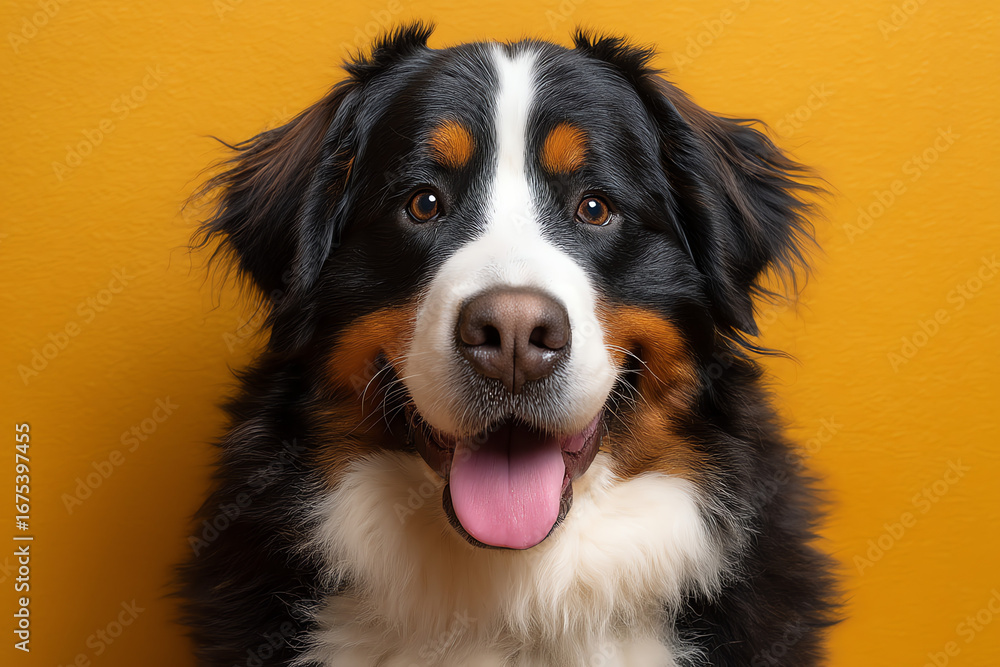 Fototapeta premium A happy Bernese Mountain Dog with a black, white, and brown coat sticks out its tongue.