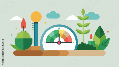 A clock with a green scale and a green background. The clock is on a table with a green plant and a green bush