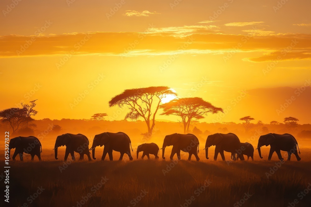 Obraz premium Silhouetted Animal Herd Walking Through African Savanna at Sunset