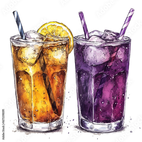Cold Drinks Hand Drawn, watercolor vector, isolated on a white background.