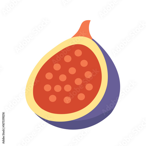 A ripe fig sliced to reveal its purple skin and bright red, seed-filled flesh.