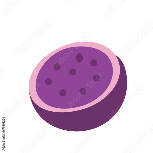 A passion fruit, cut in half to show the bright, tangy pulp filled with seeds.