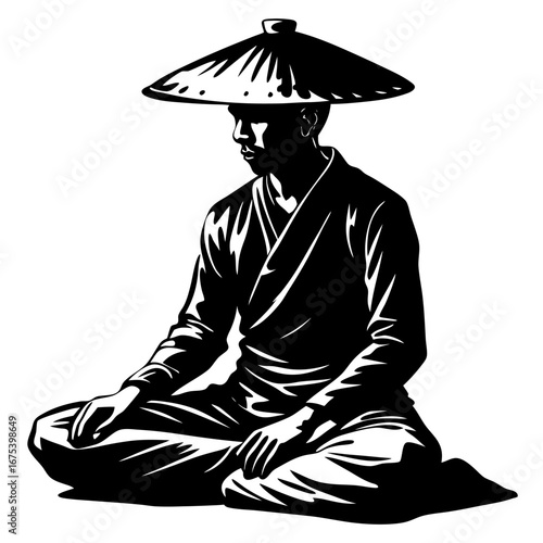 Meditative Silhouette with Conical Hat – Tranquility, Zen, and Timeless Wisdom Illustration