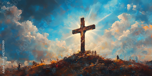 Resurrection cross bathed in divine light atop a hill with scattered figures watching