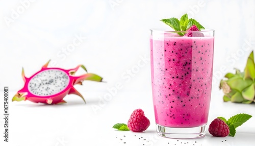 Refreshing pink dragon fruit smoothie in a glass with fresh raspberries and mint leaves on a white background, healthy fruit drink, cold beverage
