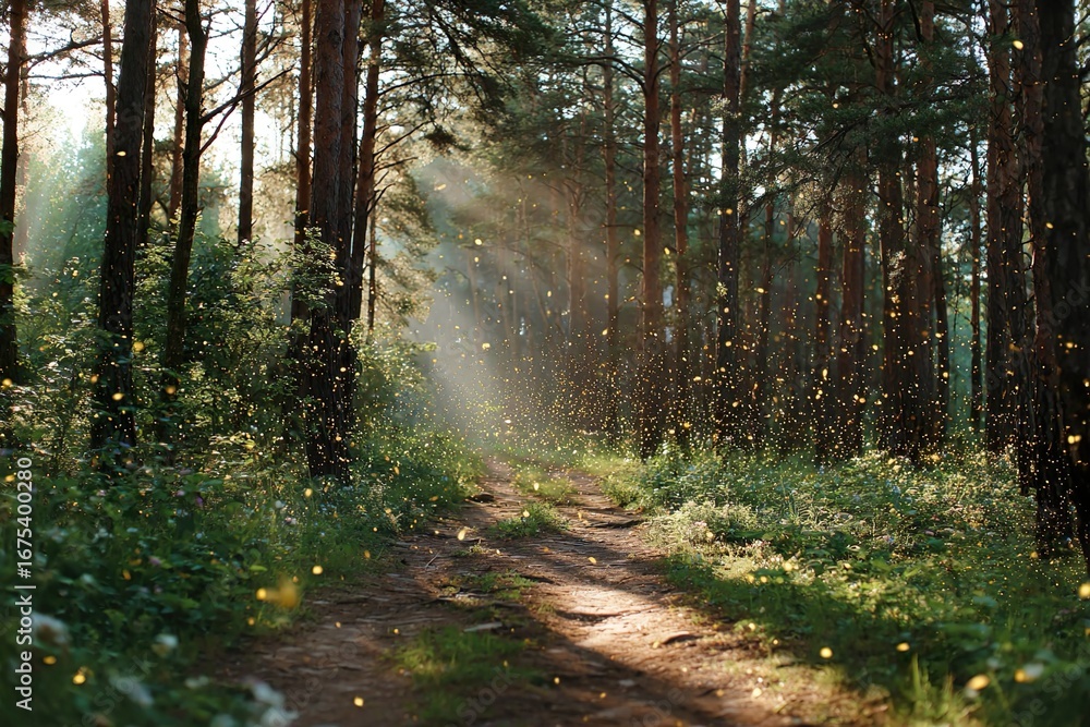 Fototapeta premium Scenic forest path illuminated by golden morning sunlight streaming through tall trees. Peaceful natural landscape with sun rays creating magical and atmospheric woodland scenery.