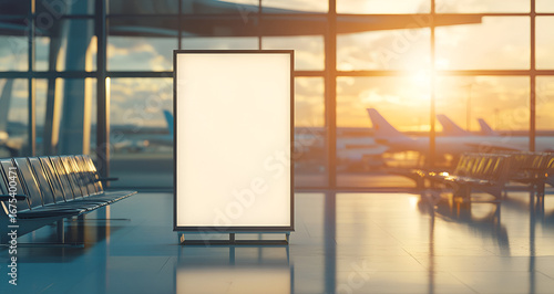 Blank advertising billboard in airport terminal with sunset glow and planes outside