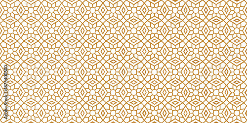 Geometric pattern background with interlocking diamonds and hexagons in gold and white