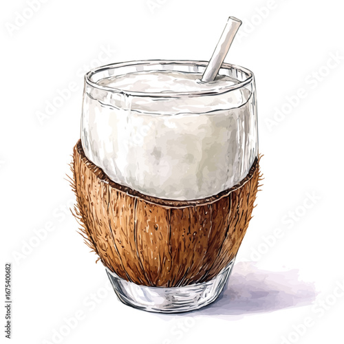 Coconut Drink Tropical Setting, watercolor vector, isolated on a white background.