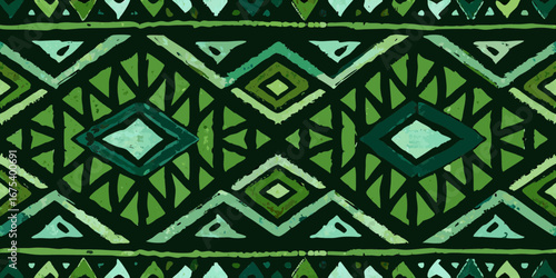 Abstract tribal geometric pattern in shades of green with a hand painted textured effect