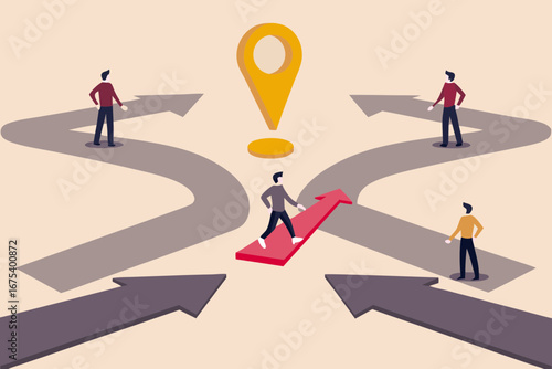 People choosing different paths at a crossroads with a prominent location marker symbolizing a destination