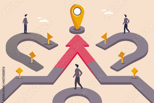 Man walking on a path towards a destination marker with diverging routes and flags symbolizing choices