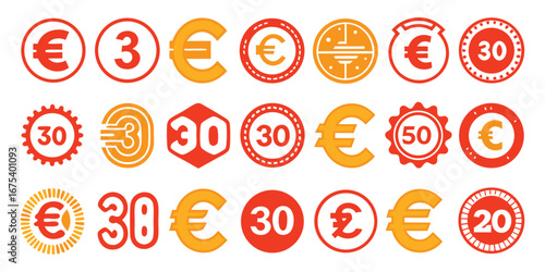 Collection of Red and Yellow Circular Icons with Euro Symbols and Numbers currency money