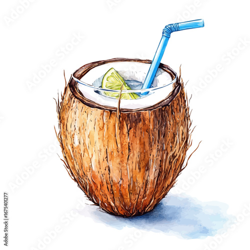 Coconut Drink Tropical Setting, watercolor clipart vector, isolated on a white background.