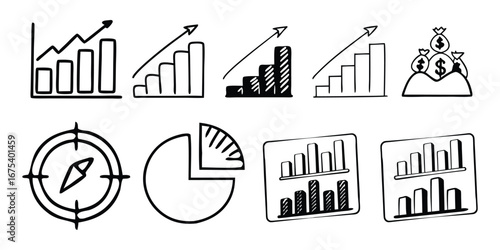 Doodle Icons of Financial Growth Charts Money Bags Pie Chart Compass and Bar Graphs finance business