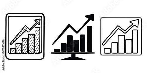 Doodle Style Financial Growth Charts on Screen and Monitor Icons with Upward Trend Arrows finance