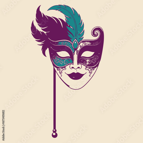 Colorful Carnival Mask Design Featuring Tropical Feathers, Festive Graphic Illustration in Vibrant Style