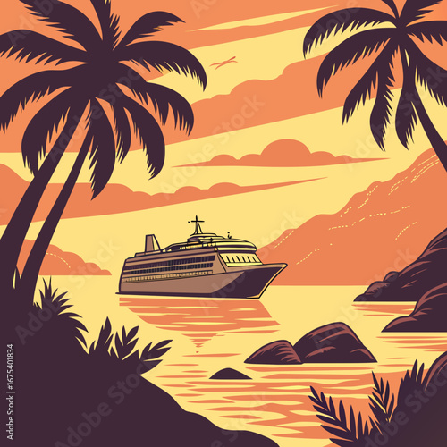 Tropical Cruise Sunset Vector Illustration



