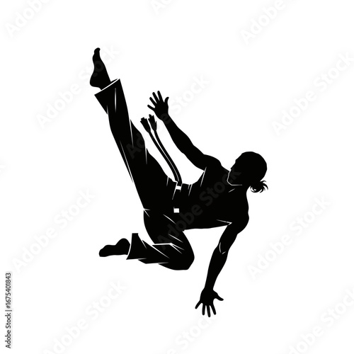 Dynamic Capoeira Martial Arts Pose, Athlete in Action, Isolated Illustration, Artistic Style, Flat Design, Energetic Concept