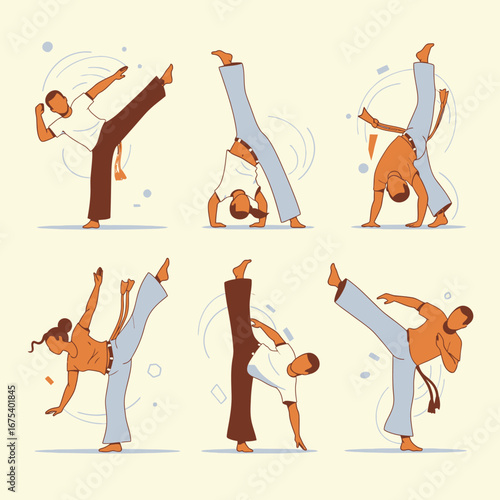 Dynamic Capoeira Fighters Showcase Moves in Isolated 2D Illustration, Energetic Environment, Flat Design