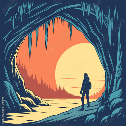 Cave exit with mountain view. Hiker emerges from cave. Hiker looks out at beautiful landscape.

