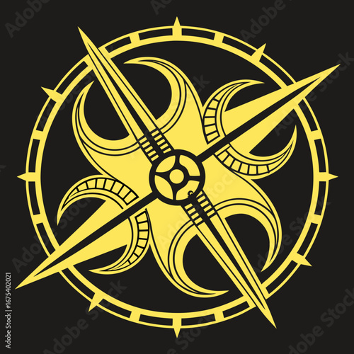 Stylized Compass Rose, Yellow on Black, Vector Illustration.

