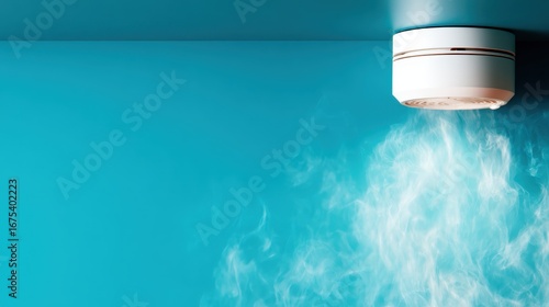 A smoke alarm on a bold blue ceiling, releasing white smoke, highlighting the importance of fire safety and prevention in a modern home or office environment.
