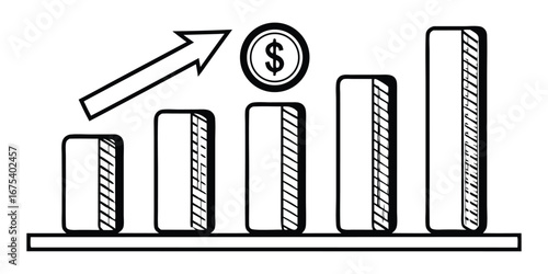 Hand Drawn Bar Chart Illustrating Financial Growth with Upward Arrow and Dollar Coin finance money