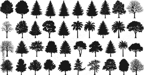 Vector illustration of diverse tree silhouettes including pine, palm, oak, and forest trees, nature design elements for landscape artwork