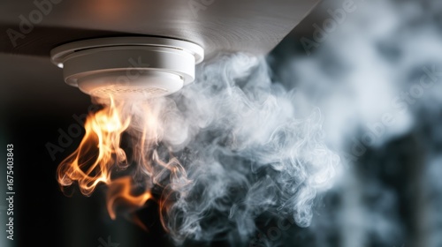 A smoke alarm emits smoke and flames, showcasing the importance of fire safety measures in homes, emphasizing vigilance and protection against fire hazards.