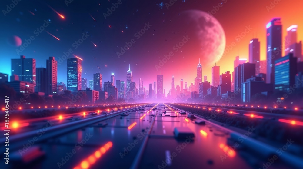 Fototapeta premium Neon Cityscape Night Train Tracks Pink Blue Sunset