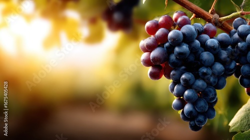 A close-up of luscious grapes softly illuminated by sunlight highlights their ripeness and contributes to the enchanting atmosphere of a serene vineyard landscape.