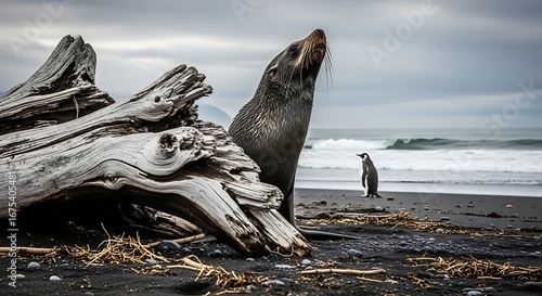 Wildlife Encounter on a Remote Shore: Seal and Penguin Amidst Driftwood and Black Sand Beach scenery.
