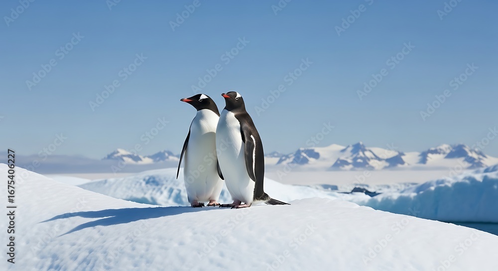Naklejka premium Two Penguins Standing on Ice with Snowy Mountains in the Background Under a Clear Sky Landscape.