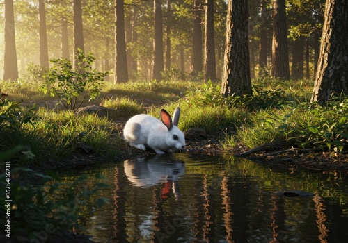 White Rabbit in a Sunlit Forest A Realistic Digital Painting