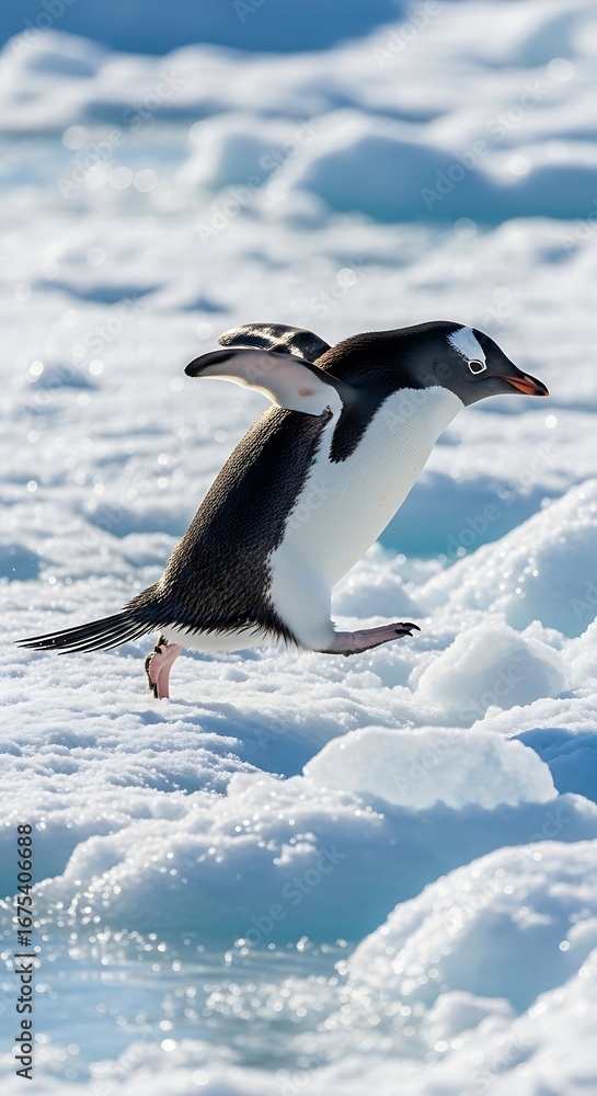 Fototapeta premium Penguin Striding Swiftly Across Ice, A Crisp Cold Landscape with Glistening Snow and Blue Water Reflections Under Bright Sunlight.
