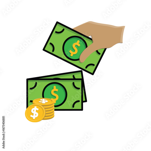 Money icon. Dollar symbol. Stack of coins and banknotes with a hand picking it up. paying, economy, financial. Isometric design style.